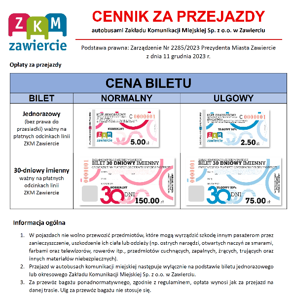 Zakład Komunikacji Miejskiej Sp. z o.o. w Zawierciu - Aktualny cennik za przejazdy (obowiązujący dla płatnych odcinków linii obsługiwanych przez ZKM Zawiercie).